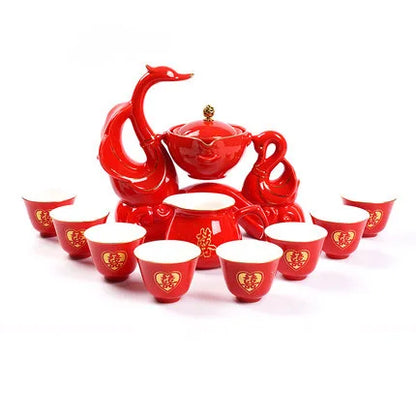 Chinese Traditional Red Wedding Automatic Kung Fu Tea Set Semi-automatic Office Tea Set Creative Lazy Ceramic Teapot Cup Teaware