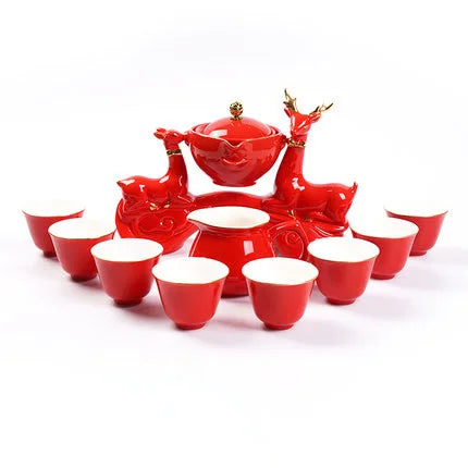 Chinese Traditional Red Wedding Automatic Kung Fu Tea Set Semi-automatic Office Tea Set Creative Lazy Ceramic Teapot Cup Teaware