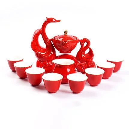 Chinese Traditional Red Wedding Automatic Kung Fu Tea Set Semi-automatic Office Tea Set Creative Lazy Ceramic Teapot Cup Teaware