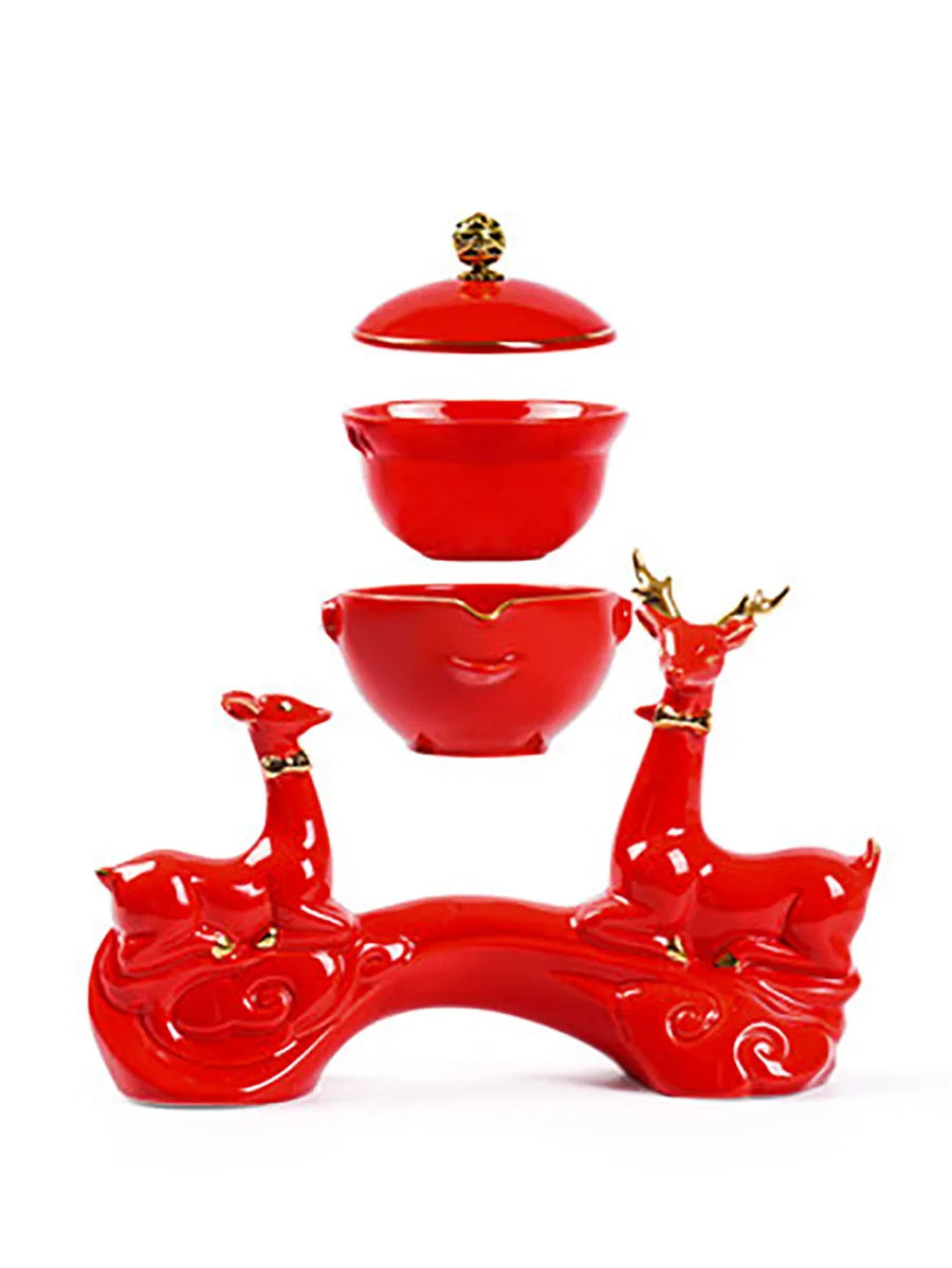 Chinese Traditional Red Wedding Automatic Kung Fu Tea Set Semi-automatic Office Tea Set Creative Lazy Ceramic Teapot Cup Teaware