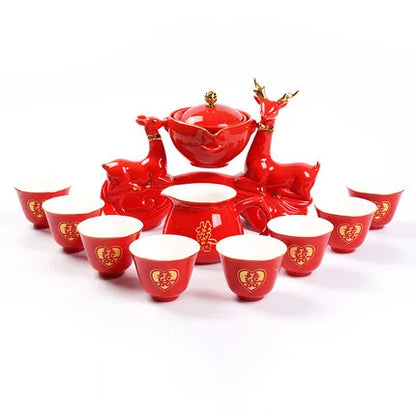 Chinese Traditional Red Wedding Automatic Kung Fu Tea Set Semi-automatic Office Tea Set Creative Lazy Ceramic Teapot Cup Teaware
