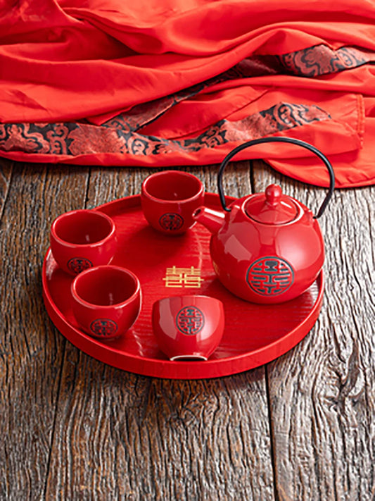 Chinese Traditional Wedding Ceramic Tea Set Kettle Red Double Happiness Teapot Cup Teaware Newlywed Gift Wedding Banquet Supply