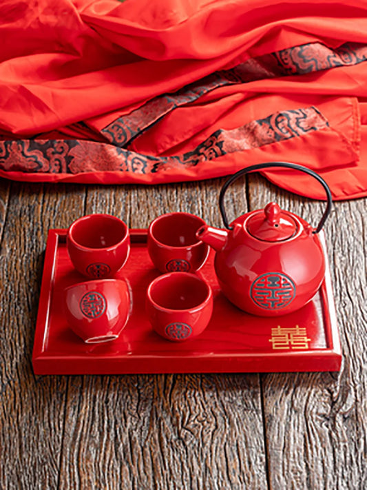 Chinese Traditional Wedding Ceramic Tea Set Kettle Red Double Happiness Teapot Cup Teaware Newlywed Gift Wedding Banquet Supply