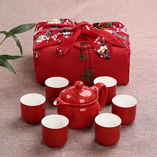 Chinese Traditional Wedding Ceramic Tea Set Retro Red Double Happiness Teapot Cup Newlywed Souvenir Gift Wedding Supplies