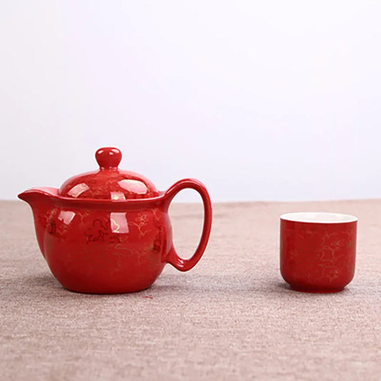 Chinese Traditional Wedding Ceramic Tea Set Retro Red Double Happiness Teapot Cup Newlywed Souvenir Gift Wedding Supplies