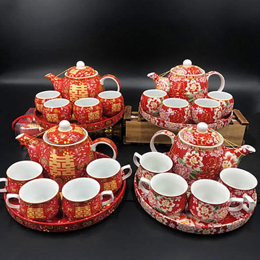 Chinese Traditional Wedding Ceramic Tea Set Retro Red Double Happiness Teapot Tea Cup Newlywed Bride Gift Dowry Marriage Supply