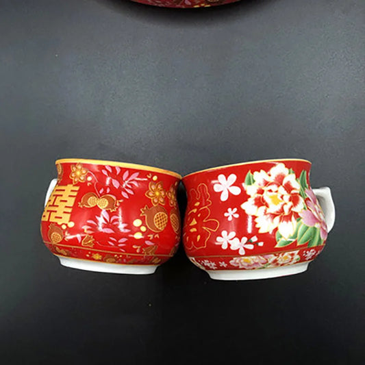 Chinese Traditional Wedding Ceramic Tea Set Retro Red Double Happiness Teapot Tea Cup Newlywed Bride Gift Dowry Marriage Supply