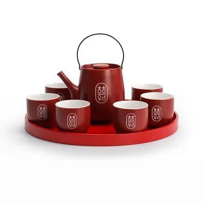 Chinese Traditional Wedding Ceramic Tea Set Teaware Kettle Retro Porcelain Teapot Tea Cup Newlywed Souvenir Gift Party Supplies