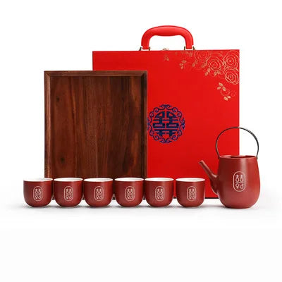 Chinese Traditional Wedding Ceramic Tea Set Teaware Kettle Retro Porcelain Teapot Tea Cup Newlywed Souvenir Gift Party Supplies