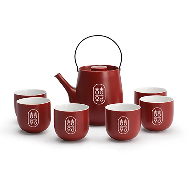 Chinese Traditional Wedding Ceramic Tea Set Teaware Kettle Retro Porcelain Teapot Tea Cup Newlywed Souvenir Gift Party Supplies