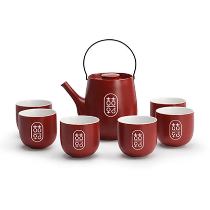 Chinese Traditional Wedding Ceramic Tea Set Teaware Kettle Retro Porcelain Teapot Tea Cup Newlywed Souvenir Gift Party Supplies