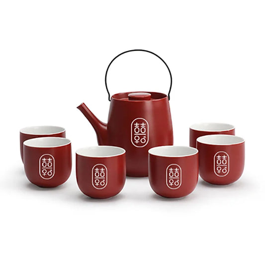 Chinese Traditional Wedding Ceramic Tea Set Teaware Kettle Retro Porcelain Teapot Tea Cup Newlywed Souvenir Gift Party Supplies