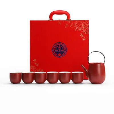 Chinese Traditional Wedding Ceramic Tea Set Teaware Kettle Retro Porcelain Teapot Tea Cup Newlywed Souvenir Gift Party Supplies
