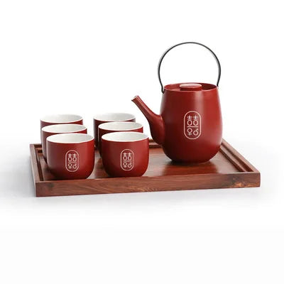 Chinese Traditional Wedding Ceramic Tea Set Teaware Kettle Retro Porcelain Teapot Tea Cup Newlywed Souvenir Gift Party Supplies