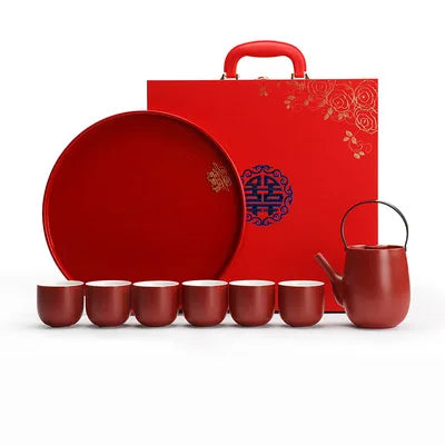 Chinese Traditional Wedding Ceramic Tea Set Teaware Kettle Retro Porcelain Teapot Tea Cup Newlywed Souvenir Gift Party Supplies