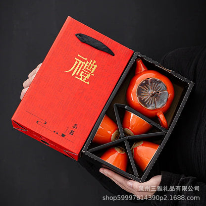 Chinese Travel Kung Fu Ceramic Tea Set 1 Teapot 4 Teacups Tea Ceremony Portable Persimmon Shape Teapot Exquisite Gift Box