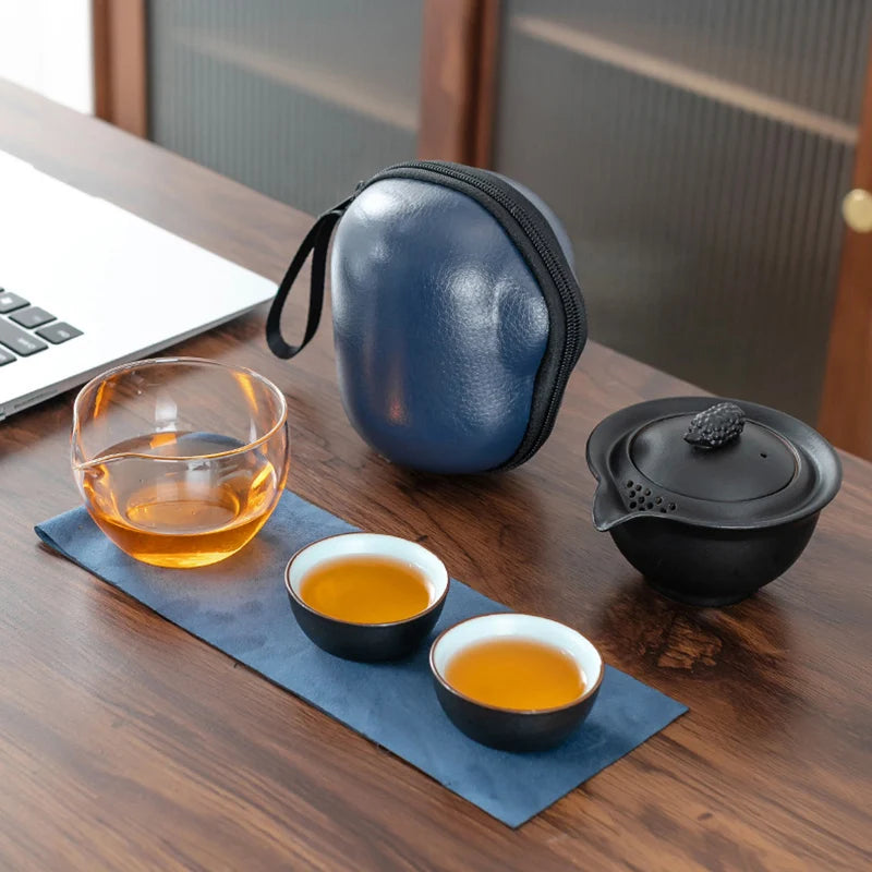Chinese Travel Portable Ceramic Tea Set Gaiwan with Tea Pot Tea Cups Travel Bag for Office Home Travel Teaware Gift For Friend