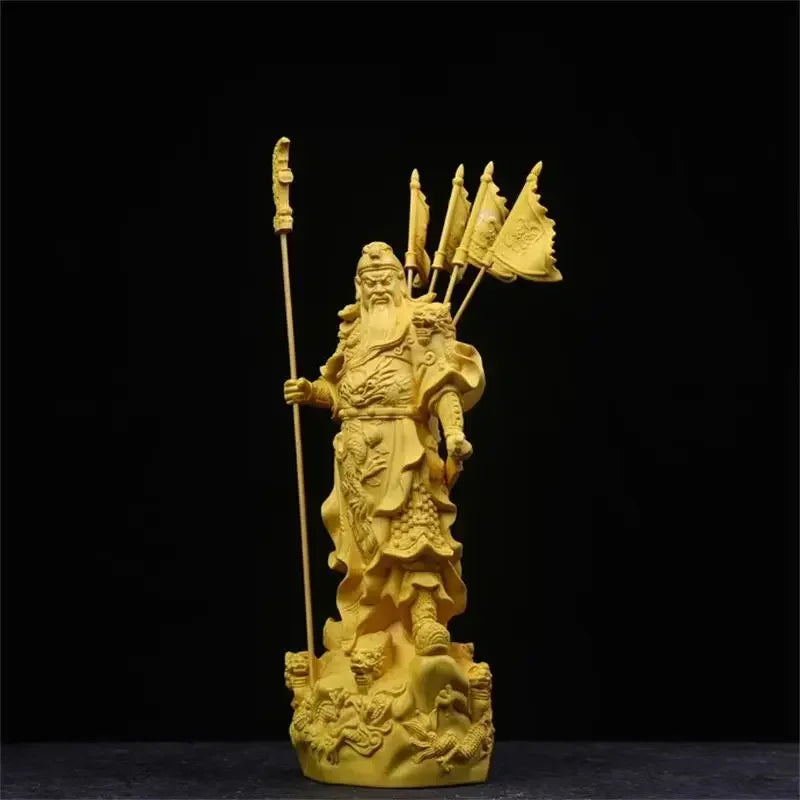 Chinese Tv Characters Statue Boxwood Five Banners Guan Yu God of Wealth Home Living Room Sculptures Decor