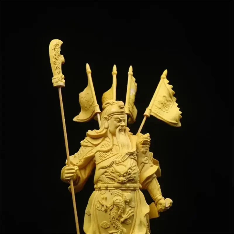 Chinese Tv Characters Statue Boxwood Five Banners Guan Yu God of Wealth Home Living Room Sculptures Decor