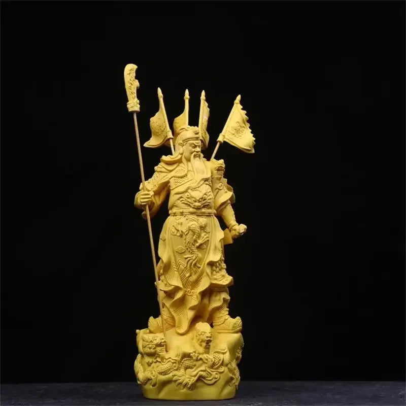 Chinese Tv Characters Statue Boxwood Five Banners Guan Yu God of Wealth Home Living Room Sculptures Decor