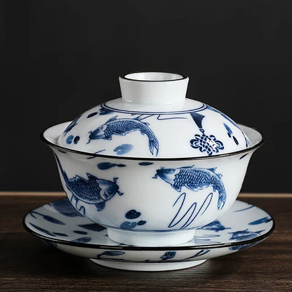 Chinese Vintage Blue and White Porcelain Gaiwan Handmade Ceramic Tea Bowl Teacup Home Teaware Tea Ceremony Personal Cup