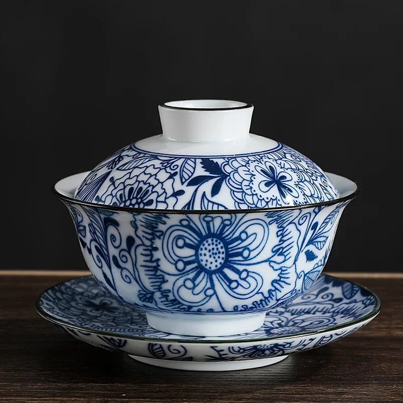 Chinese Vintage Blue and White Porcelain Gaiwan Handmade Ceramic Tea Bowl Teacup Home Teaware Tea Ceremony Personal Cup