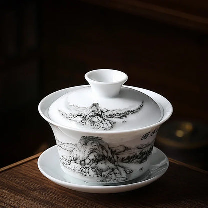 Chinese Vintage Blue and White Porcelain Gaiwan Handmade Ceramic Tea Bowl Teacup Home Teaware Tea Ceremony Personal Cup