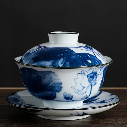 Chinese Vintage Blue and White Porcelain Gaiwan Handmade Ceramic Tea Bowl Teacup Home Teaware Tea Ceremony Personal Cup