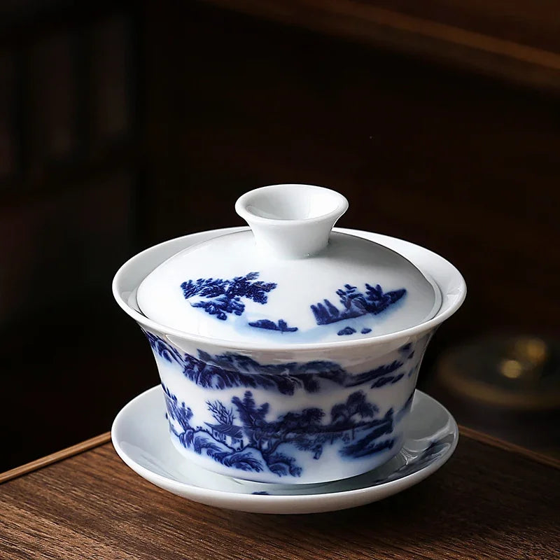 Chinese Vintage Blue and White Porcelain Gaiwan Handmade Ceramic Tea Bowl Teacup Home Teaware Tea Ceremony Personal Cup
