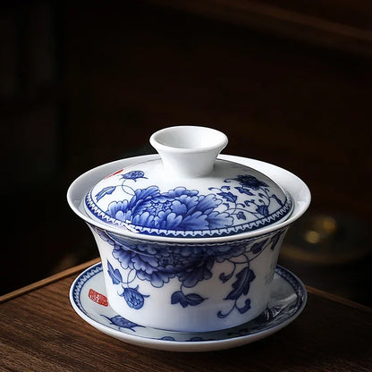 Chinese Vintage Blue and White Porcelain Gaiwan Handmade Ceramic Tea Bowl Teacup Home Teaware Tea Ceremony Personal Cup