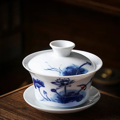 Chinese Vintage Blue and White Porcelain Gaiwan Handmade Ceramic Tea Bowl Teacup Home Teaware Tea Ceremony Personal Cup