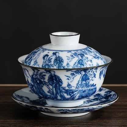 Chinese Vintage Blue and White Porcelain Gaiwan Handmade Ceramic Tea Bowl Teacup Home Teaware Tea Ceremony Personal Cup