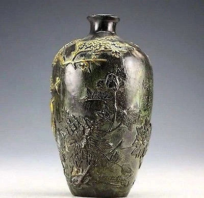 Chinese Vintage Collection Bronze Statues Gold-plating Flower Bird Vase 20cm