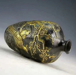 Chinese Vintage Collection Bronze Statues Gold-plating Flower Bird Vase 20cm