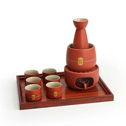 Chinese Wedding Ceramic Wine Set Red Wine Pot Cup and Wood Tray New Year Gift Porcelain Household Home Accessories