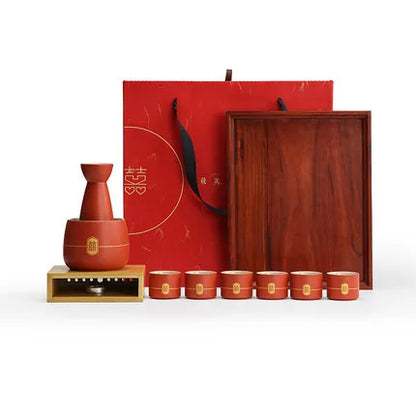 Chinese Wedding Ceramic Wine Set Red Wine Pot Cup and Wood Tray New Year Gift Porcelain Household Home Accessories