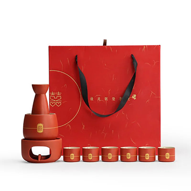 Chinese Wedding Ceramic Wine Set Red Wine Pot Cup and Wood Tray New Year Gift Porcelain Household Home Accessories