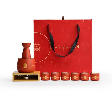Chinese Wedding Ceramic Wine Set Red Wine Pot Cup and Wood Tray New Year Gift Porcelain Household Home Accessories