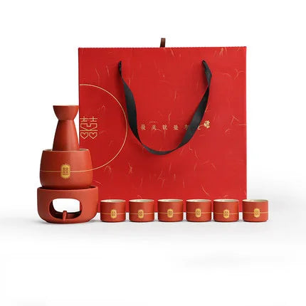Chinese Wedding Ceramic Wine Set Red Wine Pot Cup and Wood Tray New Year Gift Porcelain Household Home Accessories