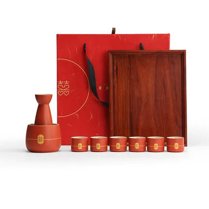 Chinese Wedding Ceramic Wine Set Red Wine Pot Cup and Wood Tray New Year Gift Porcelain Household Home Accessories