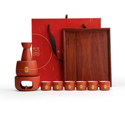 Chinese Wedding Ceramic Wine Set Red Wine Pot Cup and Wood Tray New Year Gift Porcelain Household Home Accessories