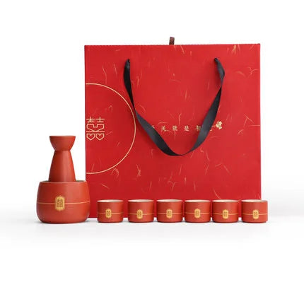 Chinese Wedding Ceramic Wine Set Red Wine Pot Cup and Wood Tray New Year Gift Porcelain Household Home Accessories
