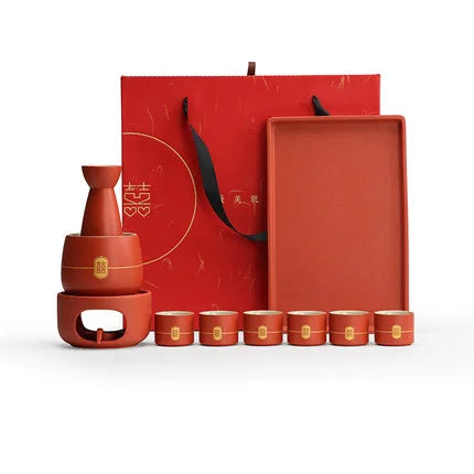 Chinese Wedding Ceramic Wine Set Red Wine Pot Cup and Wood Tray New Year Gift Porcelain Household Home Accessories