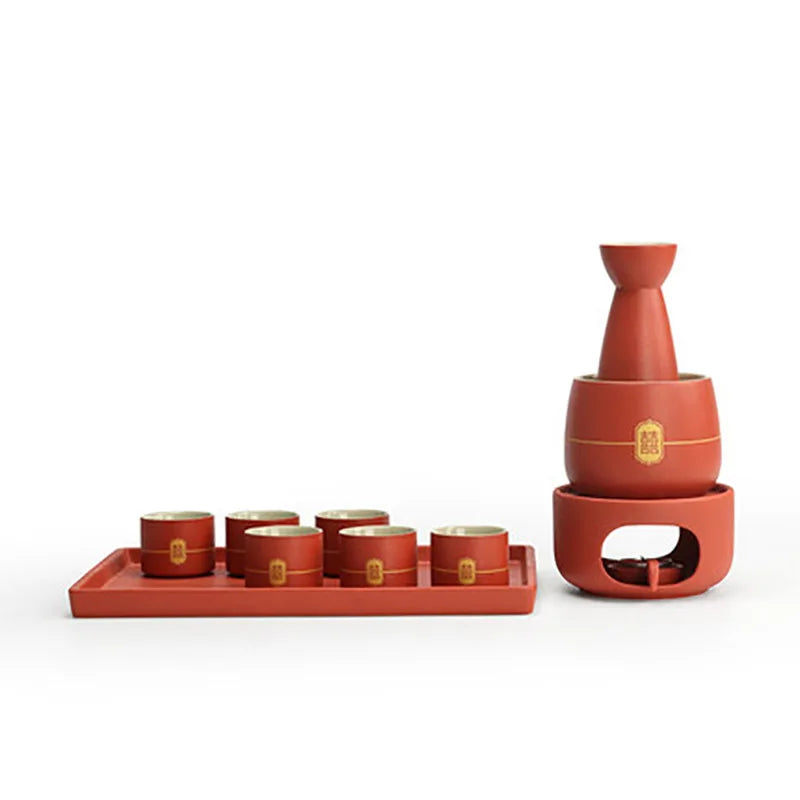 Chinese Wedding Ceramic Wine Set Red Wine Pot Cup and Wood Tray New Year Gift Porcelain Household Home Accessories