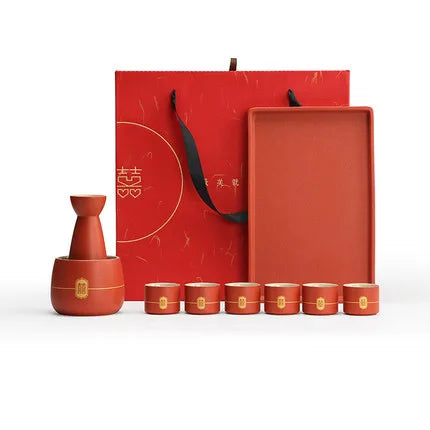 Chinese Wedding Ceramic Wine Set Red Wine Pot Cup and Wood Tray New Year Gift Porcelain Household Home Accessories