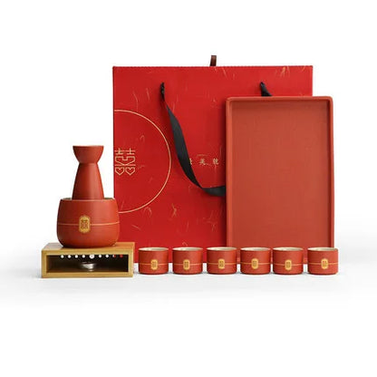 Chinese Wedding Ceramic Wine Set Red Wine Pot Cup and Wood Tray New Year Gift Porcelain Household Home Accessories