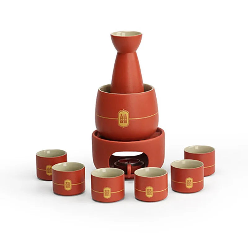 Chinese Wedding Ceramic Wine Set Red Wine Pot Cup and Wood Tray New Year Gift Porcelain Household Home Accessories
