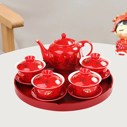 Chinese Wedding Supplies Red Ceramic Tea Set Tea infuser Pot Kettle Teapots Gaiwan Ceremony with Serving Tea Tray Souvenir Gift