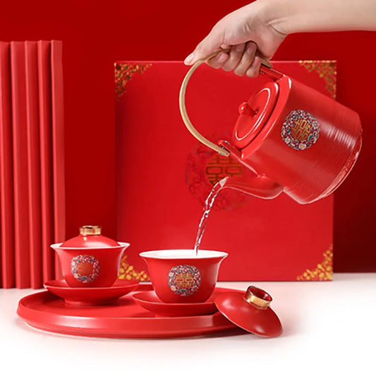 Chinese Wedding Supplies Red Ceramic Tea Set Teapot Gaiwan Set with Serving Tea Tray Wedding Party Souvenir Gift Porcelain