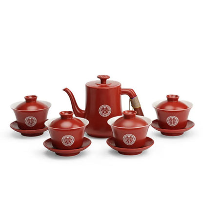 Chinese Wedding Supplies Red Ceramic Tea Set Teapot Gaiwan with Serving Tray Newlywed Party Souvenir Gift Porcelain